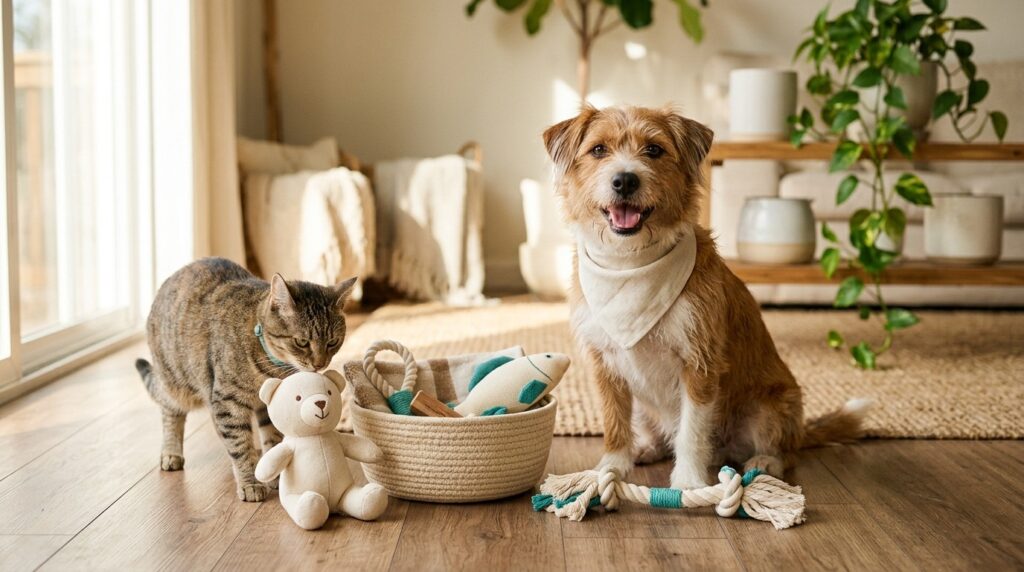 Playful rescue pet toys with a dog and cat