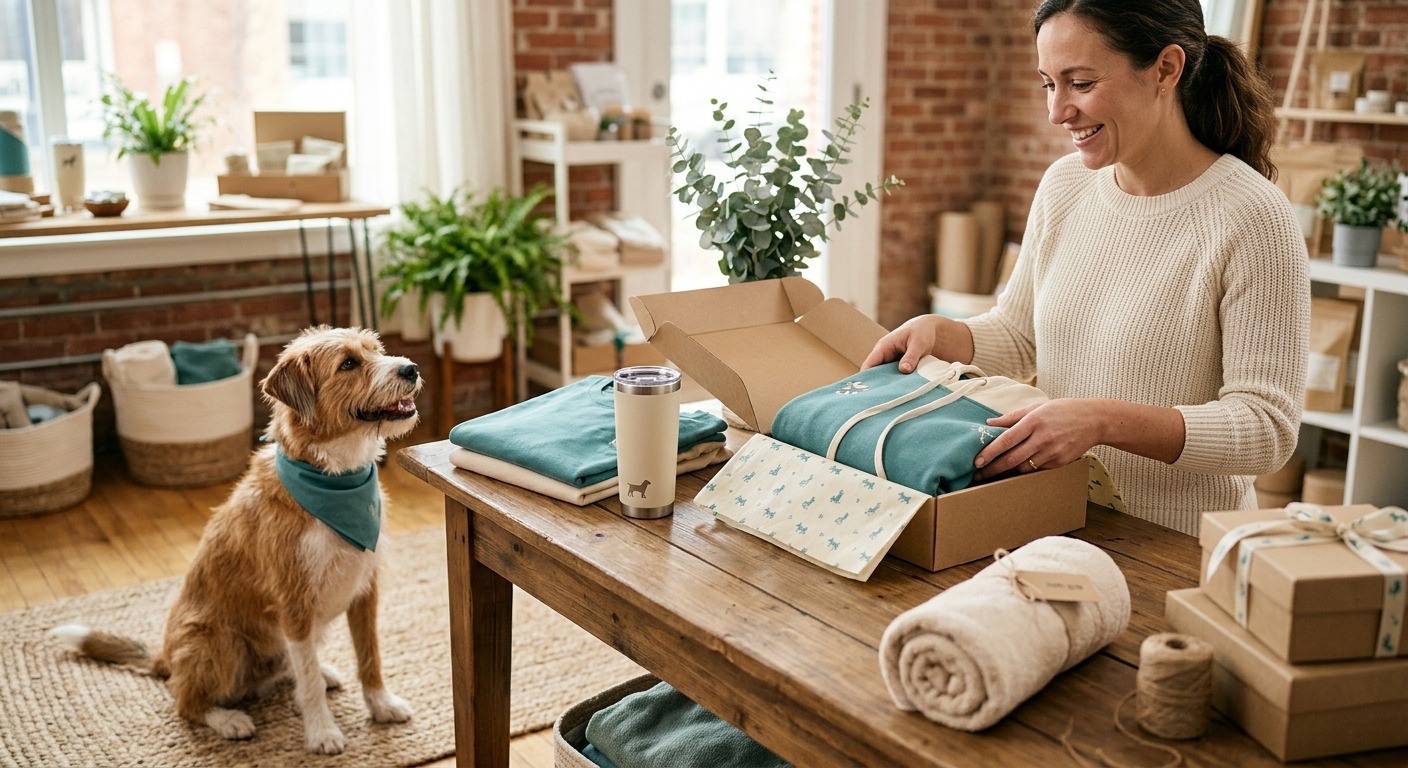 Volunteer packing rescue-store orders with a rescued dog nearby